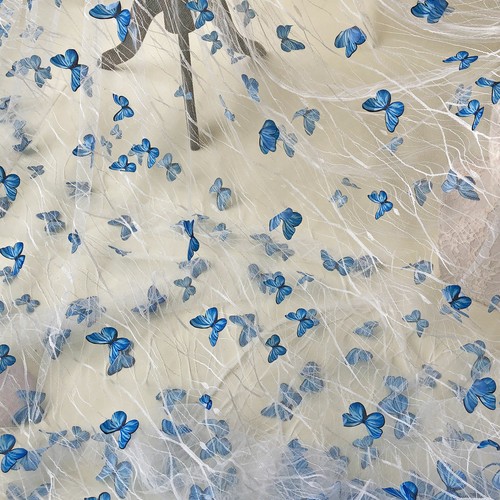 Blue butterfly lace fabric - blue,