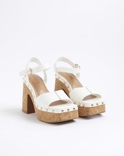River Island Womens Heeled Sandals White Cork Platform Square Open Toe Shoes