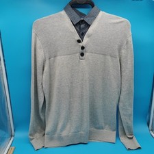Next Mens Grey Jumper Mock Shirt Collar Size M Medium 100% Cotton Waffle Knit Pu