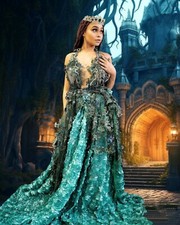 The "IVY" Ocean Green & Blue Rosette Crystal Lace Wedding Ballgown Set 