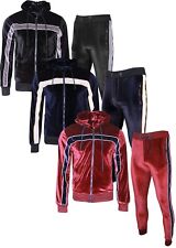 NEW Mens Silky Zip Hoodie Two Tone Piping Tracksuit Velour Jogging Bottoms