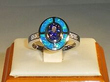 Ladies Art Deco Sterling 925 Solid Silver Opal Sapphire & Tanzanite Target Ring
