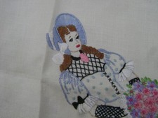 vintage 50/60s CRINOLINE LADY SPRING GARDEN TULIPS EMBROIDERED TABLECLOTH 108cm