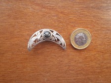Unmarked Antique Silver Crescent Moon Brooch With Black Polished Stone.