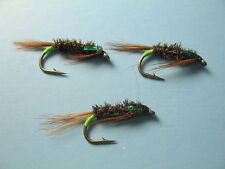 3 x DIAWL BACH GREEN CHEEK NYMPH TROUT FLIY, Sizes 10,12,14,16  Available