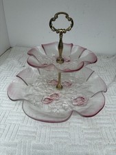 Vintage Art Deco Large Cake Stand Pink Glass Scalloped Ornate 2 Tier