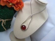 VINTAGE MODERNIST SOLID STERLING SILVER RED AGATE CARNELIAN PENDANT 22" NECKLACE