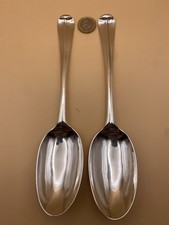 FAB PAIR IRISH 1751 GEORGE II SOLID SILVER SERVING SPOONS, C SKINNER DUBLIN 142g