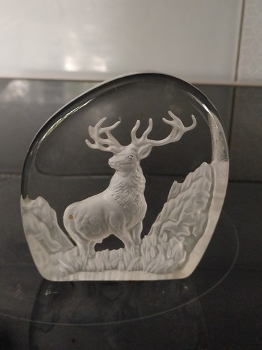 Glass stag etched paperweight - stag,