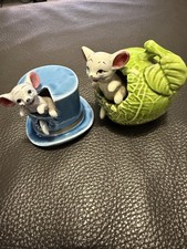 Vintage Porcelain Ceramic Mouse in top hat and cabbage/vegetable Figurine