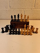 Vintage Chess Pieces Staunton In Wooden Storage Box 1 Unmatched Rook Incomplete