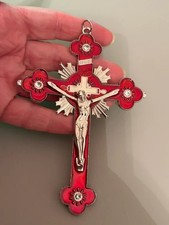 Large Baroque style silver tone metal bright red Crucifix holding Cross 170