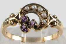 9K 9CT GOLD AMETHYST PEARL SUN MOON CREST ART DECO INS CLUSTER RING FREE RESIZE