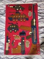 Handmade Red Afghan War Rug 3x2 - Tank, Helicopter, AK-47 & Rocket Motif