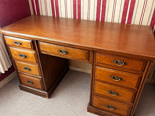 Vintage oak pedestal - desk, –