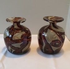 Pair Vintage Murano Style Earth Tones Glass  Vases. 5.5ins And  5.75ins Tall
