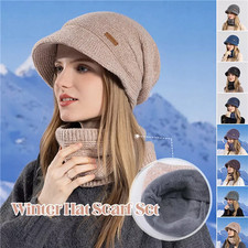 Ladies Hat Scarf Set Winter Plush Warm Knitted Hat Ear Protection Hat with Brim