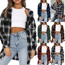 Women's Long Sleeve Check Plaid Flannel Button-Up Shirt Chest Pocket Oversized