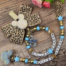 Set of 2 Personalised Blue Leopard pram charm & dummy clip holder pram car seat