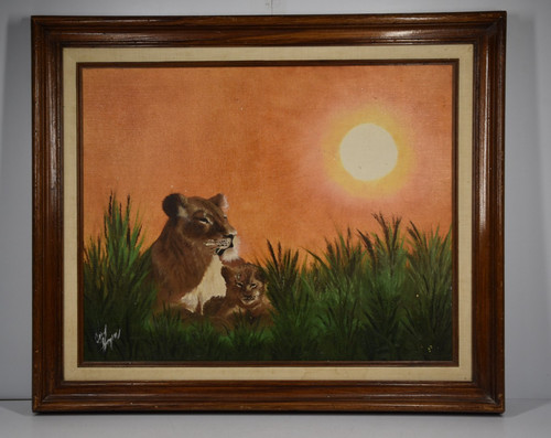 Vintage art painting lioness - painting, &