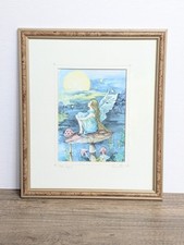 Fairy Sitting On Toadstool "Moon Gazing" By Glenda Rae Framed Vintage Print 