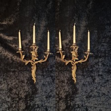 Gorgeous Pair Large 3 Arm Antique French Solid Brass Candle Wall Lights Sconces