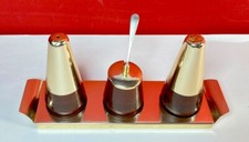 Vintage Bakelite Cruet Set Salt Pepper Pot & Silver Spoon Tray 70’s Danish Style