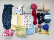 Mixed lot of crafting bits - fabric, crochet cotton, yarn, pincushions