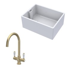 Fireclay Kitchen Bundle 1 Bowl Belfast Sink Brushed Brass 615mm