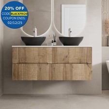 1200 Oak White Marble Vanity Unit Double Oval Basin Wall Hung Fluted Soft Close