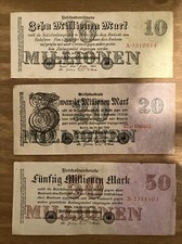 3 X Germany Banknotes. 10, 20, 50 Million Mark. Dated 1923. Vintage German Notes