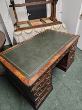 ANTIQUE/REPRODUCTION BURR WALNUT LARGE PEDESTA/CAPTAINS DESK (new leather top)
