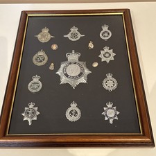 Collection of Ministry of Defence Police Helmet and Cap Badges in Display Case