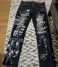 DSQUARED2 Jeans Men W35 L30 Distressed Denim Graphic All-Over Print Black Size L