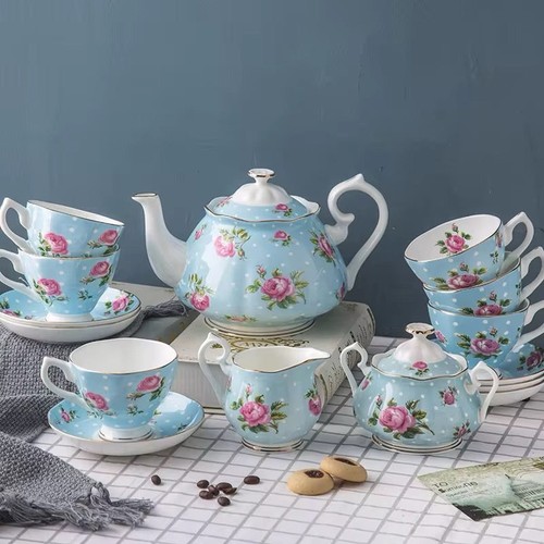 Vintage blue porcelain tea set - porcelain,