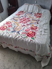 Beautiful unique vintage embroidered linen quilt 8ft 6ins X 7ft  