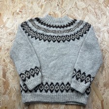 Vintage Hand Knit Wool Chunky Fair Isle Grey Brown Jumper Grandad Nordic Style L