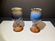 Bill Campbell Art Studio Set (2) Pottery Wine Goblets Glasses  Drip Glaze