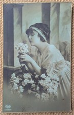 Pretty Glamour Woman with Flowers, Real Photo Rotary Postcard  1910s