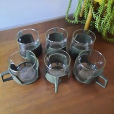 6 x Vintage JAJ Drink Ups Glass Cups in Dark Grey Holders  Camper/Camping /Pyrex