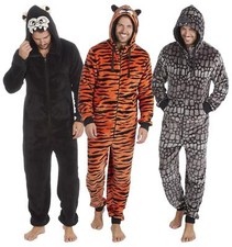Mens Fleece Onezee Soft Fleece Novelty Animal 3D All in One Pyjamas with Hood