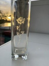 Beautiful Tall Glass square Shape Etched Rose Vase - 26.5cm Tall