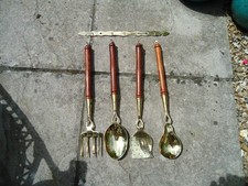4 Vintage Brass Kitchen Utensils With Hook Rack Spoons Skimmer Fork Kitchenalia