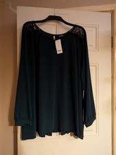 New with Tags Evans Long Sleeve Top Dark Green RRP £35 UK Size 26 Lace Shoulders
