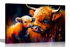 Highland Cow and Calf Colourful Canvas Wall Art Pictures Abstract Prints Artowk
