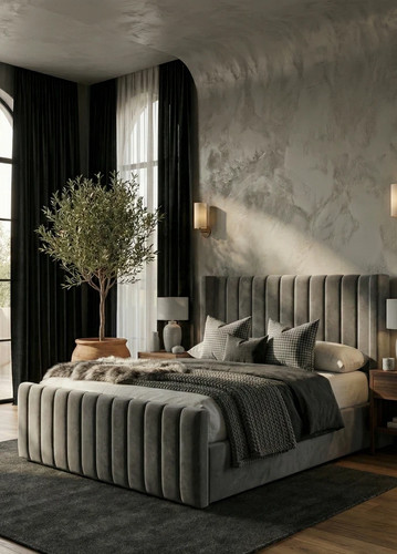 Winged cream panel bed - panel, frame