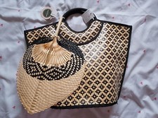 TK Maxx Made In Vietnam Beige & Black Straw/Raffia Tote Bag With Fan BNWT