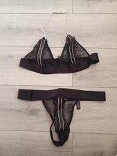 BNWOT Ann Summers Black Fishnet Lace & Diamante Bralette/Open Thong Set Sz Large