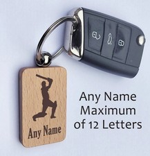 Personalised Name Keyring - Cricket Player - Engraved wooden keyring