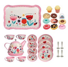 Kids Tin Tea Party Set with Dessert Toys Metal Teapot Saucer & Cooking Food Item